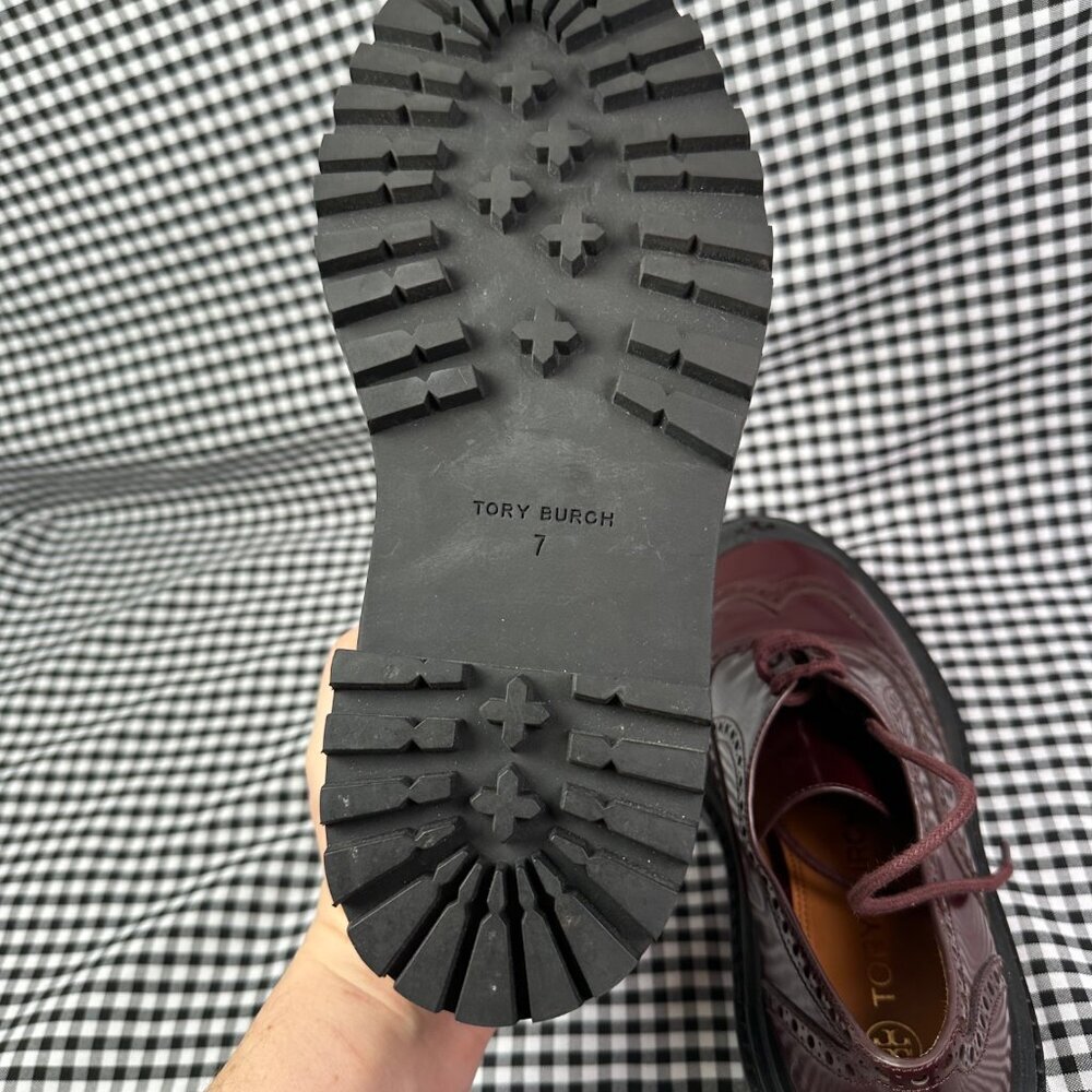 Tory Burch Burgundy Leather Lug Sole Brogues - Picture 5 of 6
